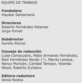 Editorial team of Casa de las Américas, listing Xenia Reloba as editora-redactora